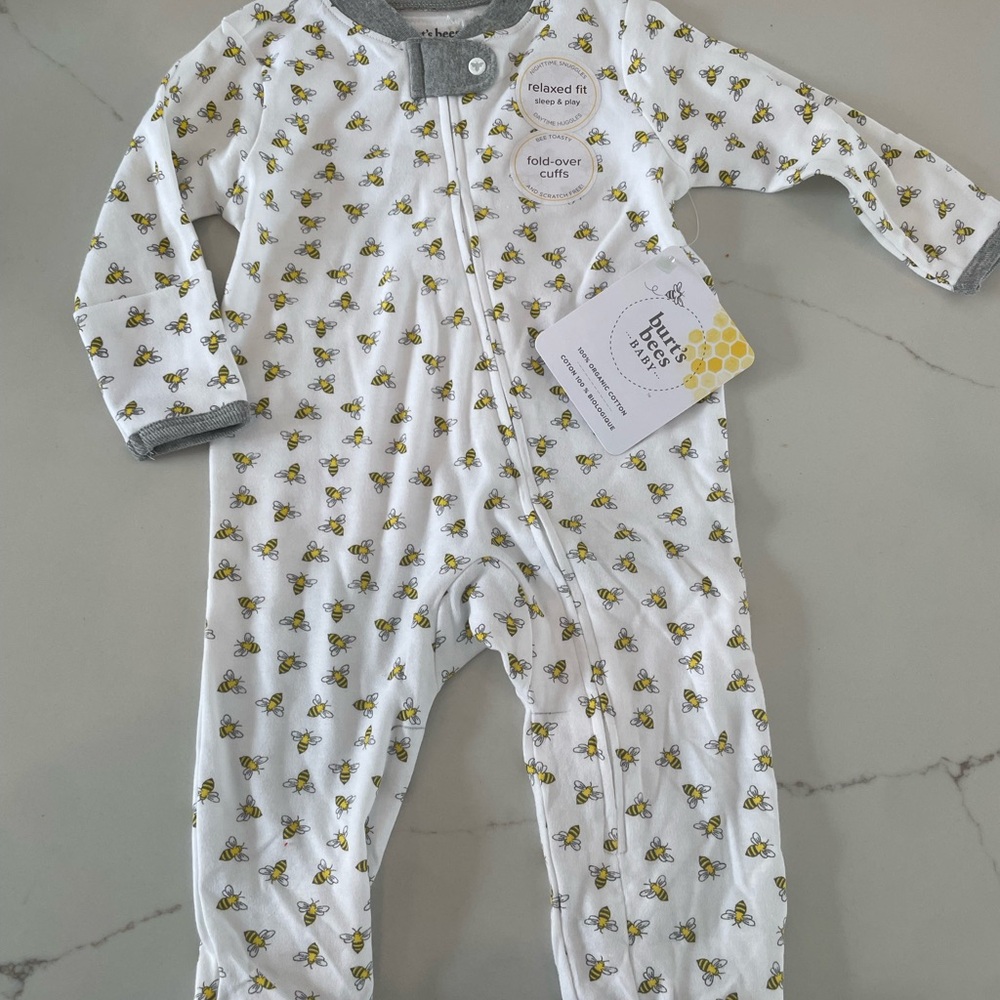 Burt's Bees Baby White and Gray Bee Print One Piece